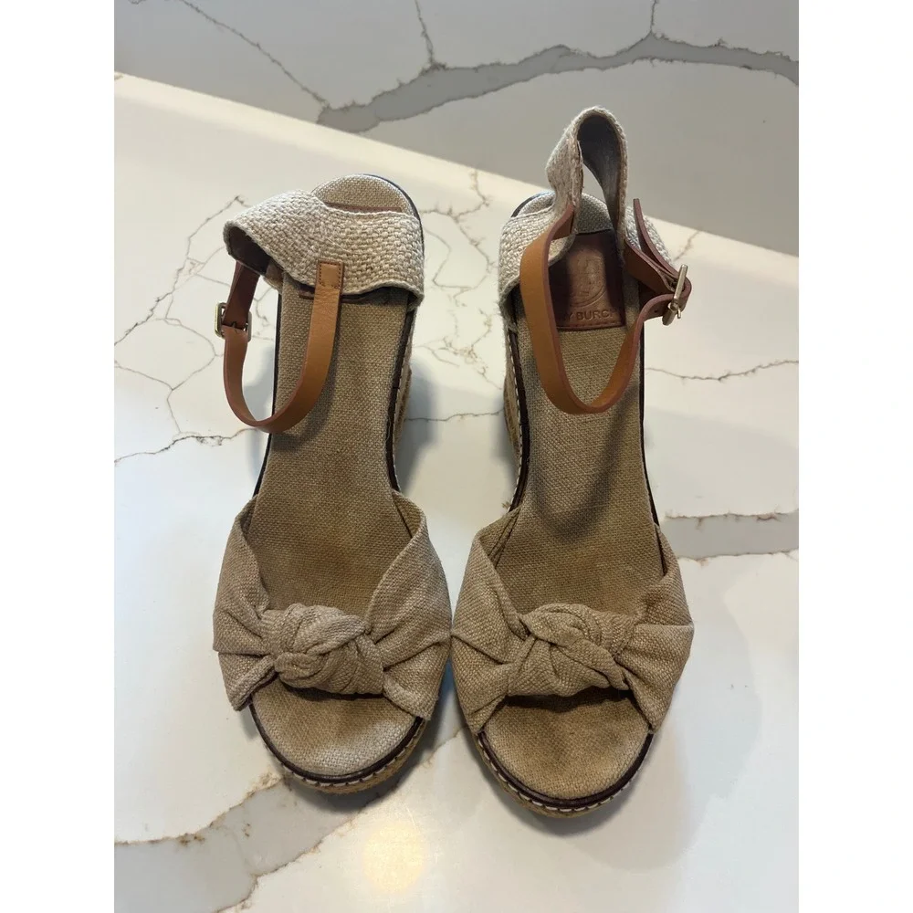 Tory Burch Beige Canvas Espadrille Wedge Sandals Tan Leather Ankle Strap Size 9B